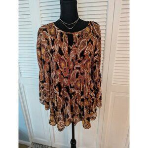 Floral & Ivy Top Women's XL Paisley Brown Bell Sleeves Boho Hippie Peasant Shirt
